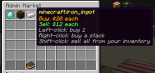 Hover any entry for buy/sell prices — left-click buys 1, right-click buys a stack, shift-click sells from your inventory
