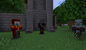 An Archivist Servant, Inquisitor Servant, and armored Marauder Servant outside a Labyrinth.