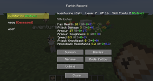 Furkin Record — level, stats and commands for every companion