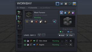 A blast furnace in bay 2: ore comes in from one chest through a Connector, ingots go out to another, both rows Running.