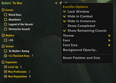 Character Specific Task list and Options Menu