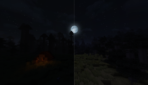 Night lighting comparison between Optifine/MCpatcher and vanilla