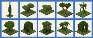 The trees: cypress, olive, fig, strawberry tree, date palm, mulberry, weeping willow, Aries oak, large palm, big willow