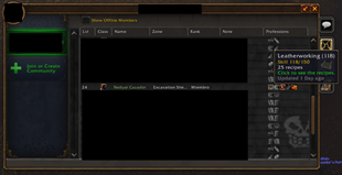 Professions column in the guild Roster (Names in the image are censored due to privacy)