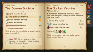 A two-page quest book with checkboxes, progress and rewards.