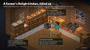 A Farmer's Delight kitchen with a Tweaks pantry wall and the cutting board at work
