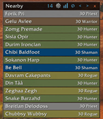 The Nearby list with 14 enemy players