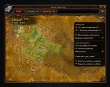 Ashenvale on the world map with undiscovered areas shaded, the zone completion corner and the Legacy menu open