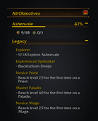 The objective tracker with the game's All Objectives header over Ashenvale's completion and the tracked Legacy challenges