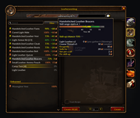 The Leatherworking window with skill-up chance and cost per skill-up on each row