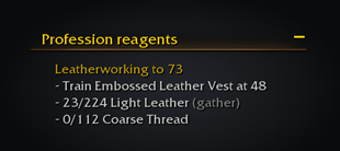 The objective tracker with the route's next training step and missing reagents