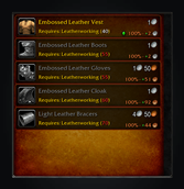 A Leatherworking trainer's recipes with skill-up chance, cost and a green arrow on the one to train next
