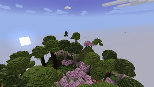 Elven Realm dimension - forest of great trees and pink blossoms