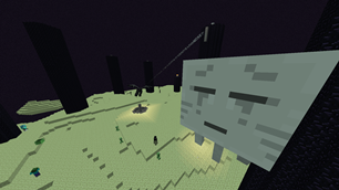A Ghast flying over the End island, where various mobs roam.png