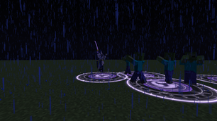 The companion fights zombies with lightning sigils and waves.