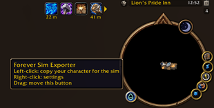 The minimap button: left-click exports, right-click opens the settings