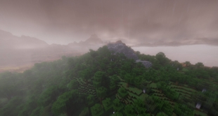 Forested hills in rain