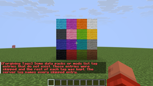 One chat warning after a data reload: a data pack listed a wool entry that does not exist (Fabric)