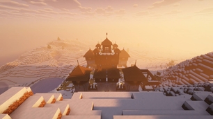Snowy outpost at sunset