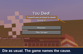 The death screen names the cause (“was pricked to death”). The log keeps that same text.
