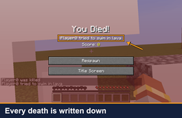 Another death, another cause: “tried to swim in lava”. Each death gets its own line in the list.