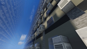 The Facade: one endless wall of air conditioners, fog above and below