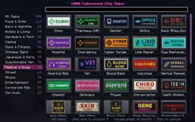Probably a typical selection of signs you might see in a Cyberpunk City scene.