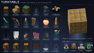 Blocks, items and mobs in 3D, turned by CSS. The portraits follow your cursor.