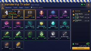 Item tooltips with the price and rarity added under them, and a satchel to buy from.