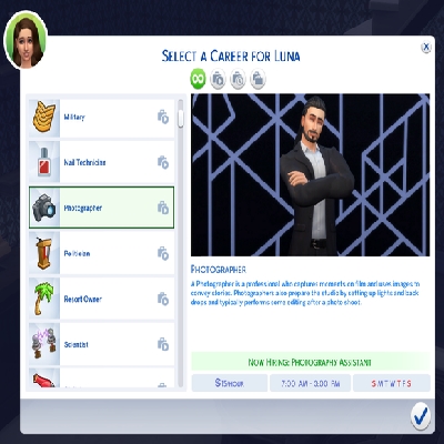 Photographer (Active) Career By KiaraSims4Mods Spanish Translation