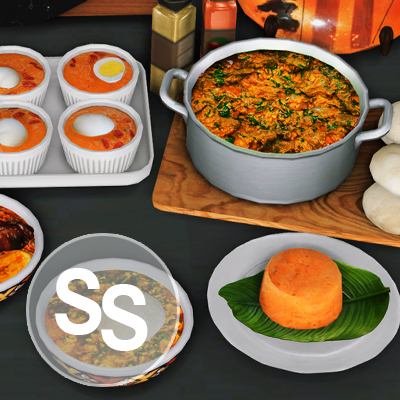 Jollof Rice, Egusi soup with fufu and Moi Moi. 