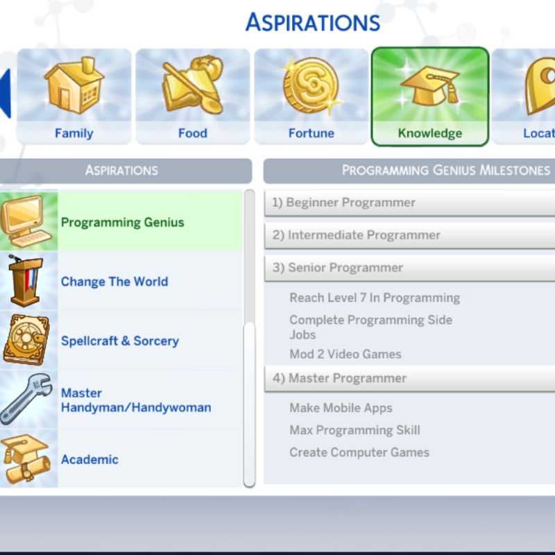Programming Genius Aspiration by kiarasims4mods Spanish translation ...