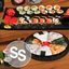 Sushi and onigiri. "Japan" logo