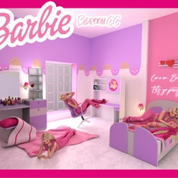 Come on Barbie Bedroom CC | Bed / Vanity Desk / Mirror / Gaming Chair / Carpet / Pillow / Decor / Neon Light / Wallpaper