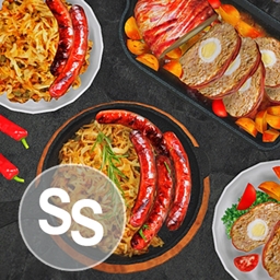 Sausages, meatloaf, potato salad and strudel. "German"
