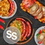 Sausages, meatloaf, potato salad and strudel. "German" logo