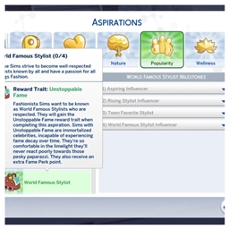 Aspiration to be a world famous fashion designer by kiarasims4mods translation to Portuguese