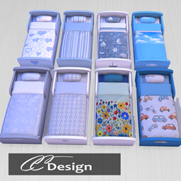 Children's bed with 8 different light blue bedding sets
