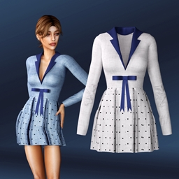 Dress with a short flared polka dot skirt & Bow & Collar