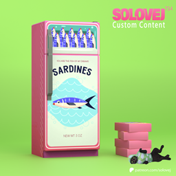 Refrigerator and chair with sardines logo
