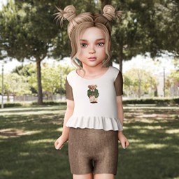 Set of denim shorts and a ruffle t-shirt with a teddy bear print logo