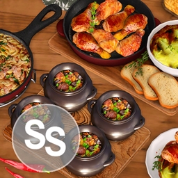 Pots roast, Chicken legs with potatoes and Pasta with bacon logo