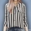 Female - Striped button up long sleeve shirt logo