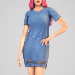 sims 4 denim dress Blue Denim Mini Dress with Pleated Skirt  FINESSE
