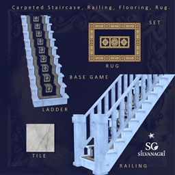 SG_Set of carpeted staircase, railing, flooring, and rug. logo