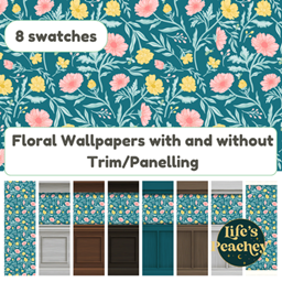 Floral folk-style wallpaper with optional trim and half-wall panelling. logo