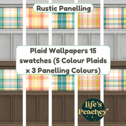 Plaid wallpaper with rustic style panelling. 5 Plaid colourways and 3 panelling colours - 15 total swatches logo