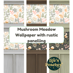Mushroom Meadow Wallpaper with Rustic Panelling - Light and dark options logo