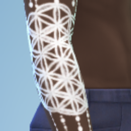 A white ink full-arm sleeve tattoo with sacred geometry and mandala patterns, made for dark skin tones. logo
