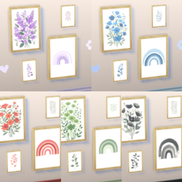 Paintings, rainbow, flowers, branches, and unintelligible writing project image